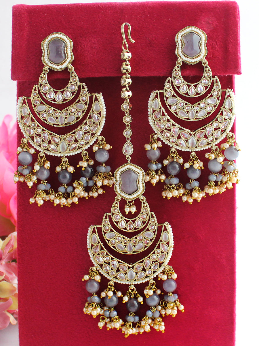White Gold Plated Heavy Set Earrings and Maang Tikka 126668