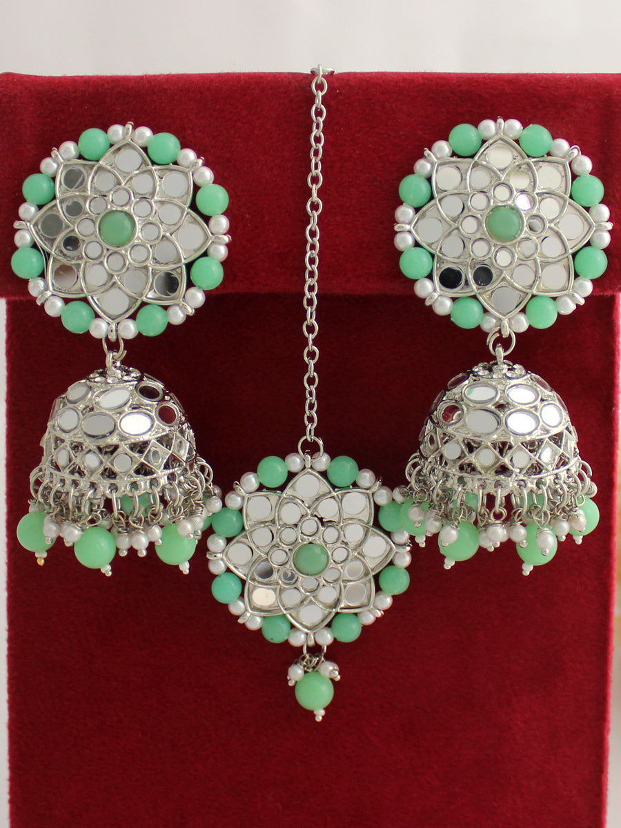 Buy Pista Green Stone Designer Studded Silver Plated Earrings With Maang  Tikka Online