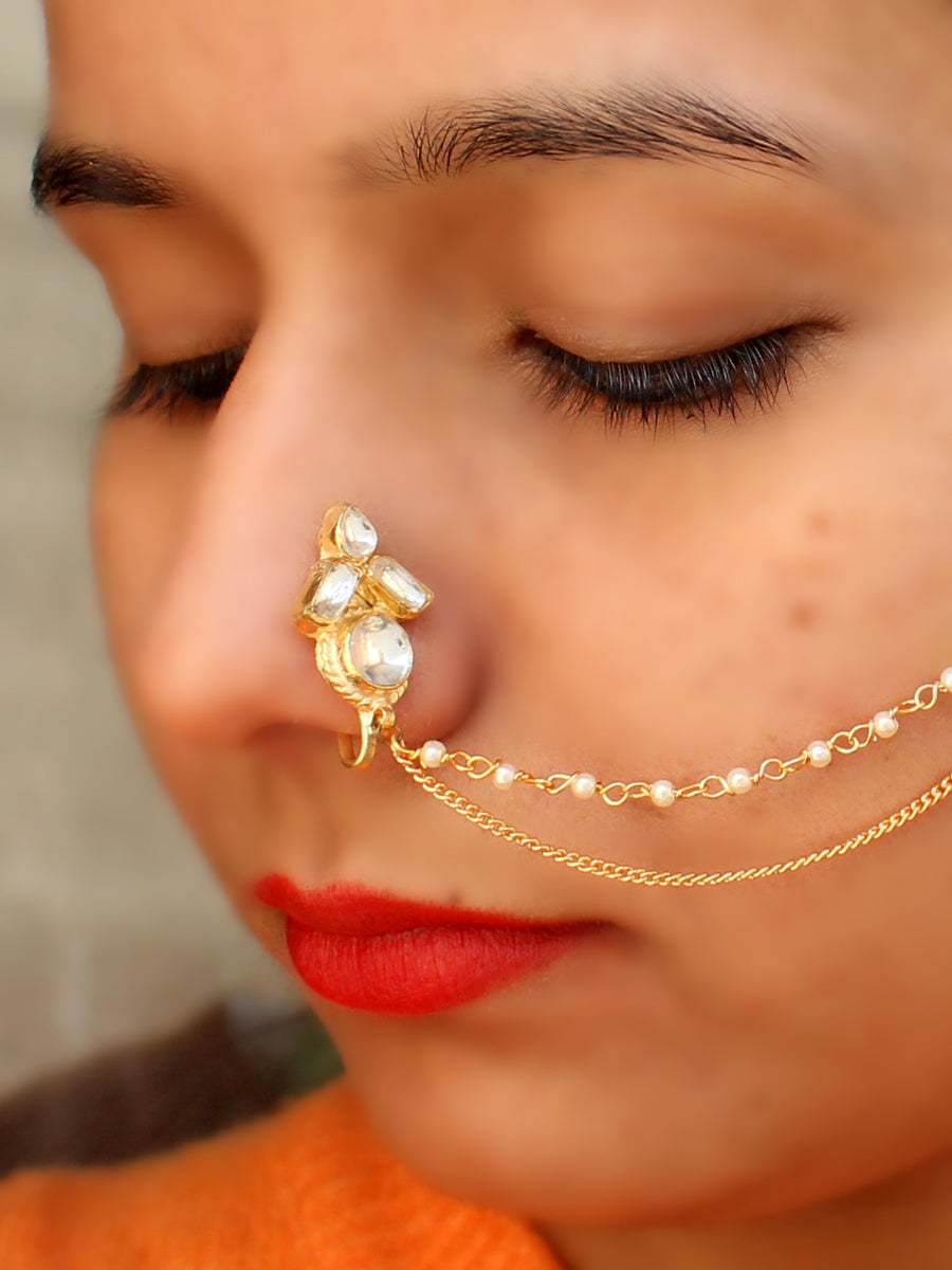THANU'S CRAFT Gold Plated Nosering Without Piercing Green Nose Ring for  Women & Girls.