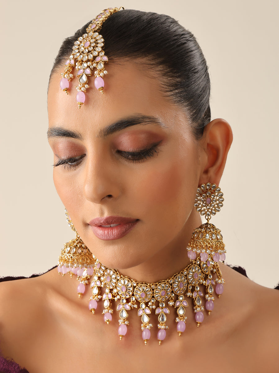 Kundan Stones & Pearls Statement Choker Necklace With Stud Earrings and  Maang Tikka Gold Plated Indian Jewelry Gifts for Her - Etsy